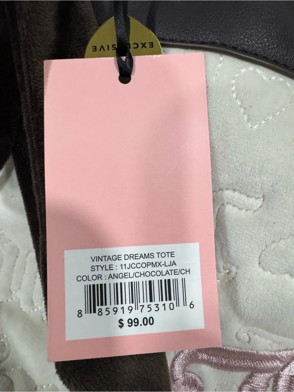 NWT Juicy Couture Cream Quilted Tote with Pink Heart Charm and Brown Trim